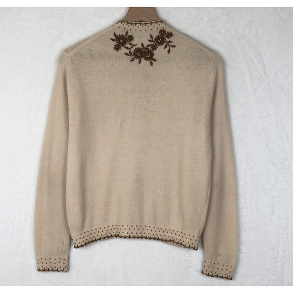 VTG 60s Wool Beaded Cardigan Sweater Women's Sz M Beige Pearl Buttons L/S - Picture 2 of 13